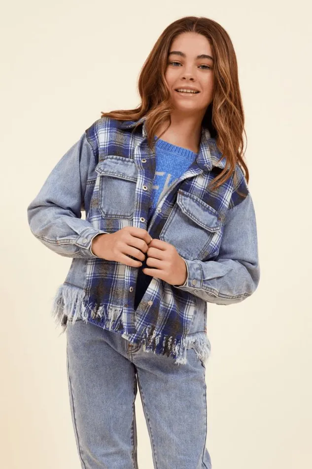 Women Vintage Havana Kids Tops Denim and Blue Plaid Frayed Button Down Denim Blue Plaid Women Vintage Havana Kids Tops Denim and Blue Plaid Frayed Button Down Denim Blue Plaid