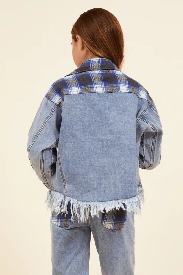 Women Vintage Havana Kids Tops Denim and Blue Plaid Frayed Button Down Denim Blue Plaid