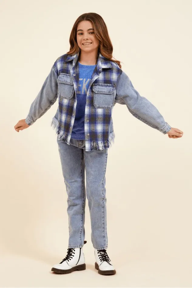 Women Vintage Havana Kids Tops Denim and Blue Plaid Frayed Button Down Denim Blue Plaid