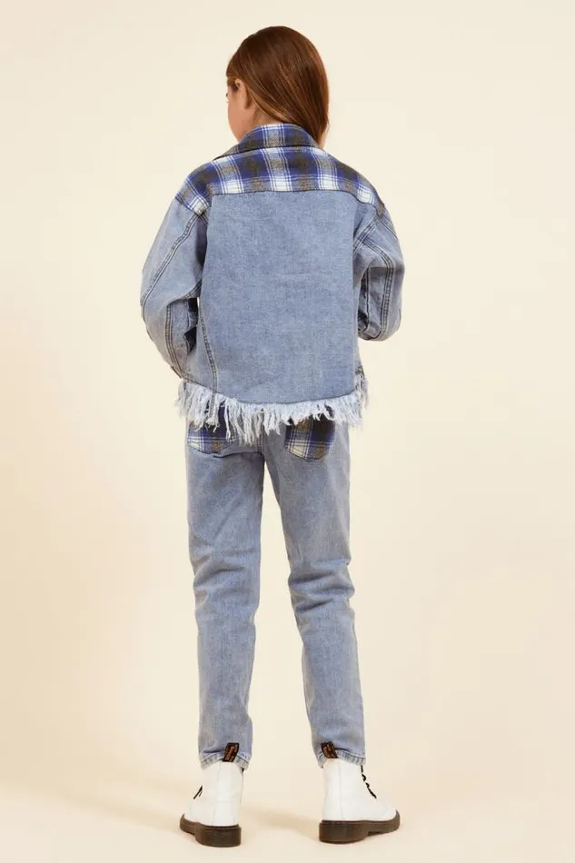 Women Vintage Havana Kids Tops Denim and Blue Plaid Frayed Button Down Denim Blue Plaid