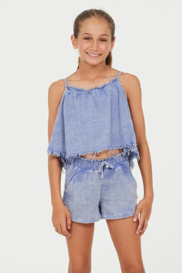 Women Vintage Havana Kids Tops Plush Blue Washed Texture Flow Tank Plush Blue