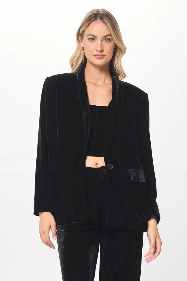 Women Vintage Havana Outerwear Black Oversized Velvet Blazer Black