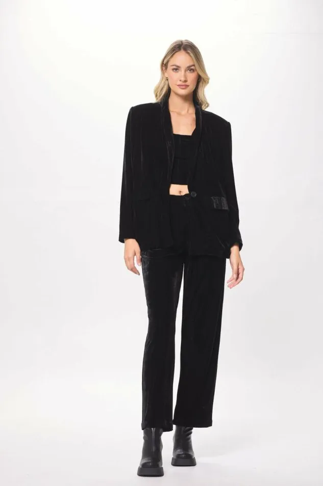 Women Vintage Havana Outerwear Black Oversized Velvet Blazer Black