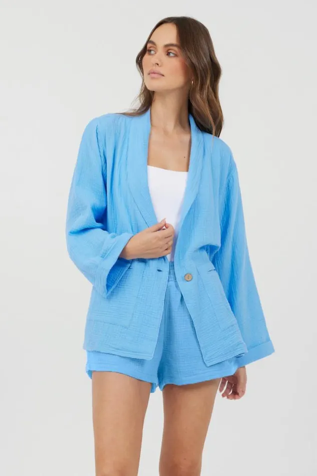 Women Vintage Havana Outerwear Ocean Blue Washed Gauze Blazer Ocean Blue