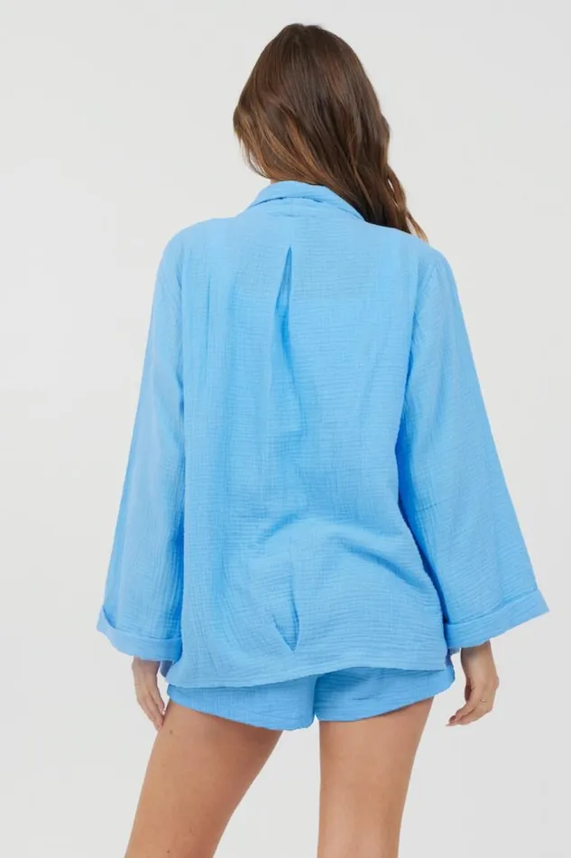 Women Vintage Havana Outerwear Ocean Blue Washed Gauze Blazer Ocean Blue