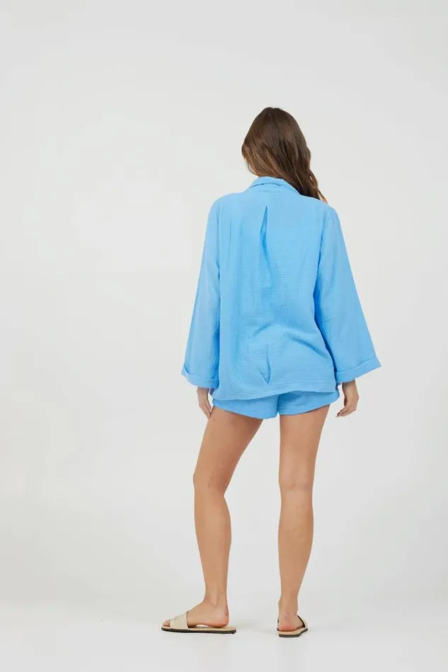 Women Vintage Havana Outerwear Ocean Blue Washed Gauze Blazer Ocean Blue