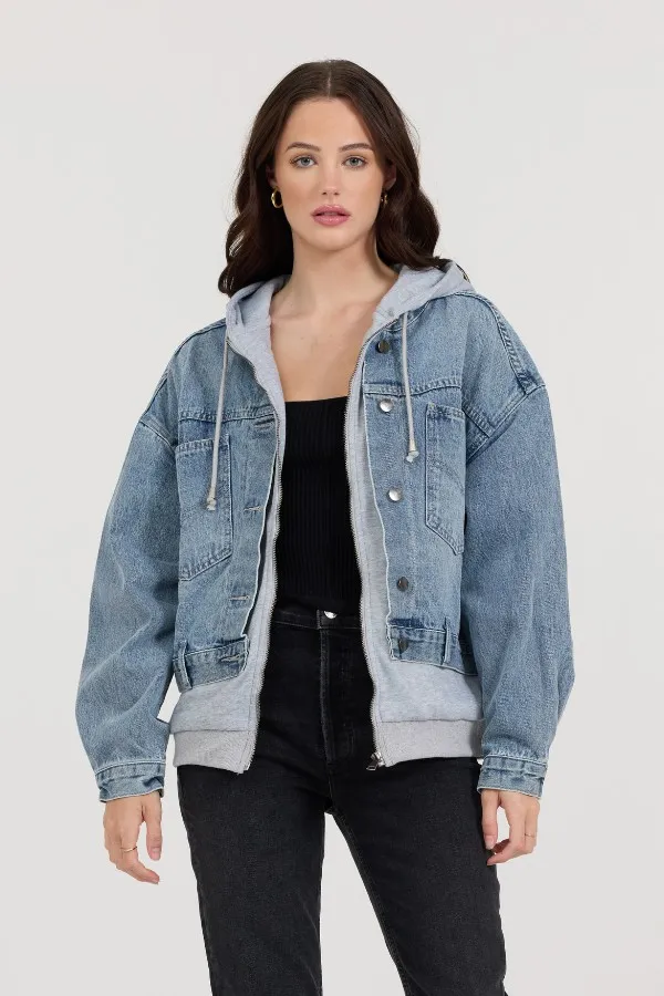 Women Vintage Havana Outerwear Washed Denim Fleece Jacket Denim