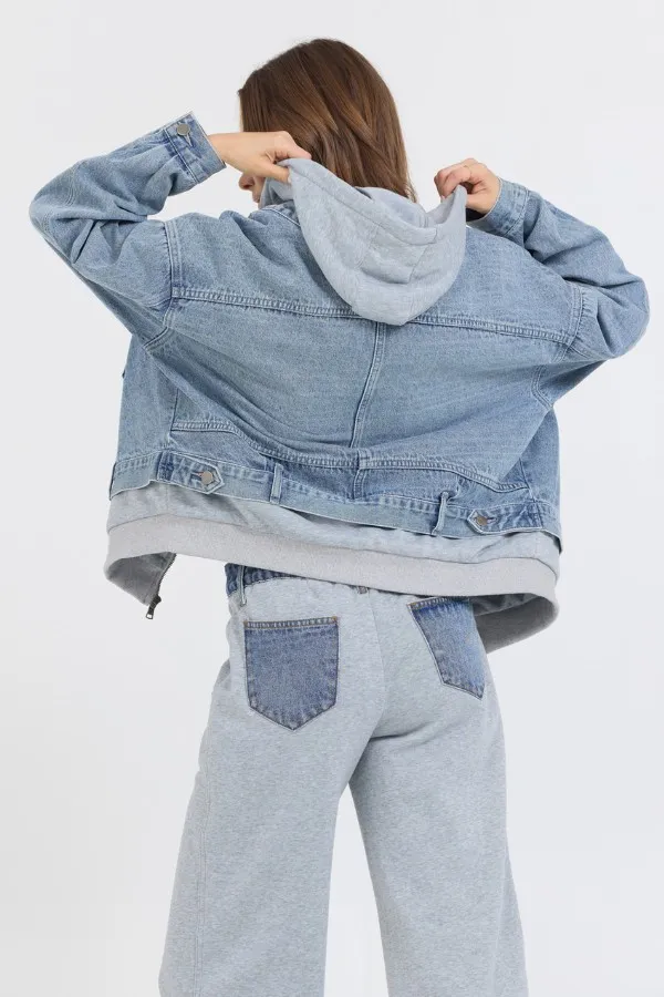 Women Vintage Havana Outerwear Washed Denim Fleece Jacket Denim