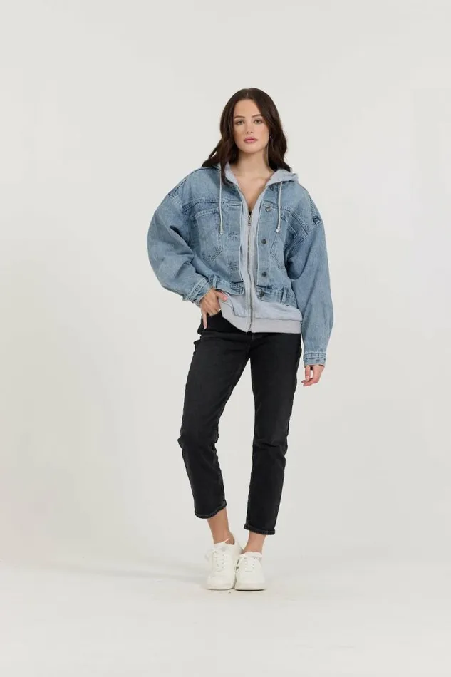 Women Vintage Havana Outerwear Washed Denim Fleece Jacket Denim
