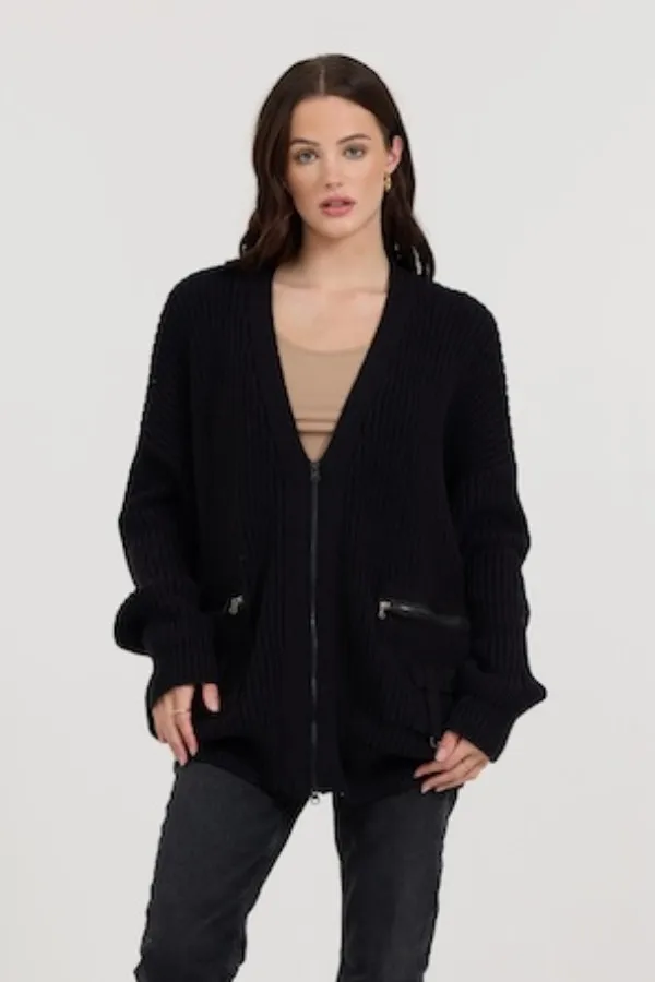 Women Vintage Havana Sweaters Black Long Zip Front Utility Cardigan Black