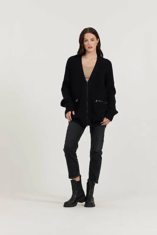 Women Vintage Havana Sweaters Black Long Zip Front Utility Cardigan Black