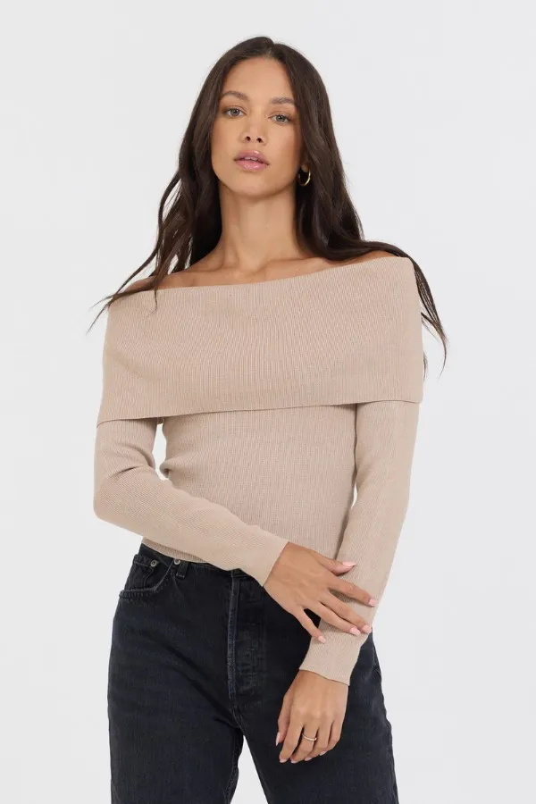 Women Vintage Havana Sweaters Heather Oatmeal Off Shoulder Sweater Oatmeal
