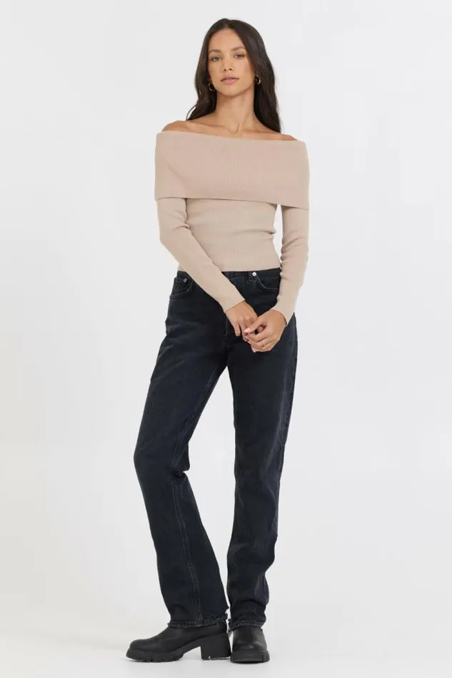 Women Vintage Havana Sweaters Heather Oatmeal Off Shoulder Sweater Oatmeal