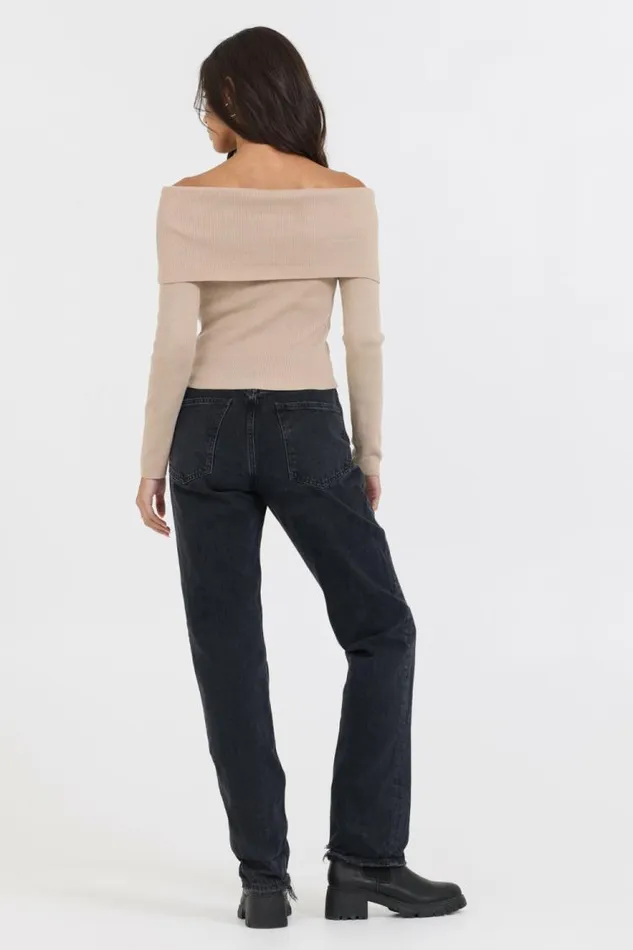 Women Vintage Havana Sweaters Heather Oatmeal Off Shoulder Sweater Oatmeal