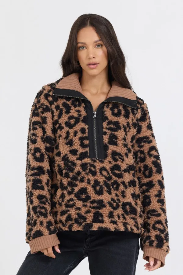 Women Vintage Havana Sweatshirts Leopard Print Sherpa Quarter Zip Leopard