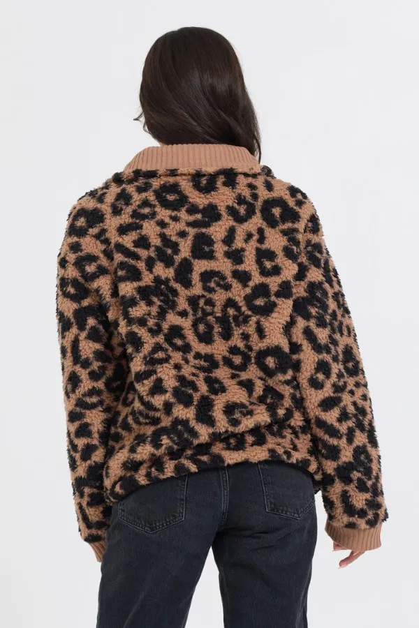 Women Vintage Havana Sweatshirts Leopard Print Sherpa Quarter Zip Leopard