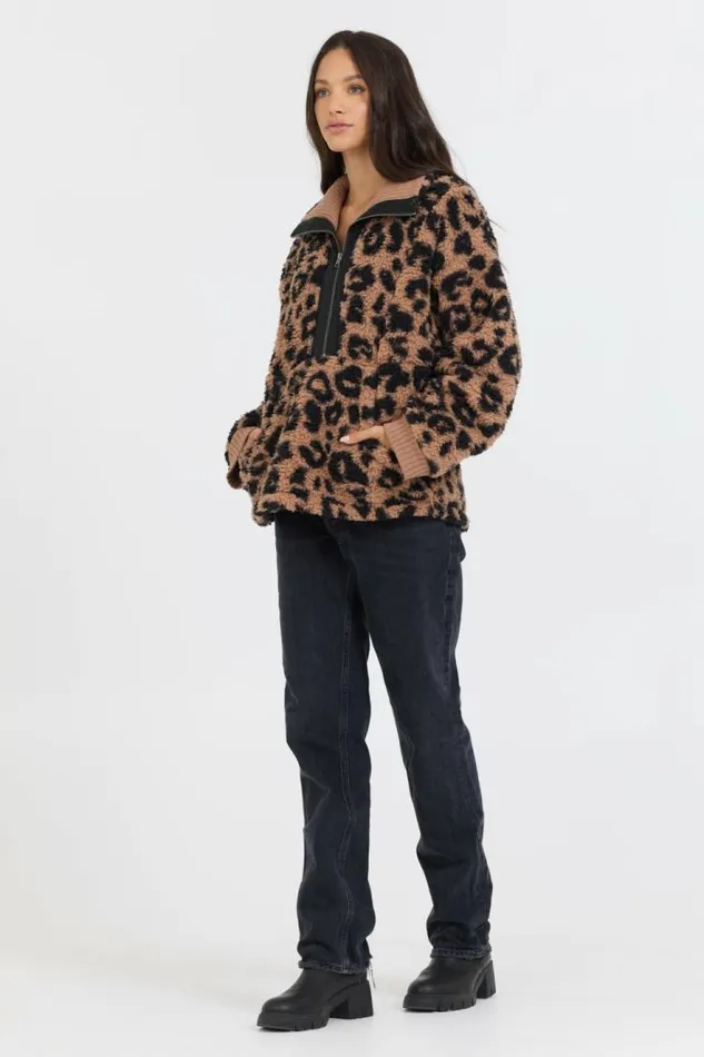 Women Vintage Havana Sweatshirts Leopard Print Sherpa Quarter Zip Leopard