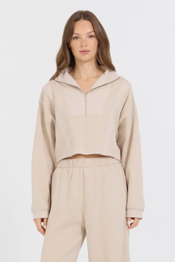 Women Vintage Havana Sweatshirts Vanilla Cream Cotton Blend Fleece Quarter Zip Rib Neck Vanilla Women Vintage Havana Sweatshirts Vanilla Cream Cotton Blend Fleece Quarter Zip Rib Neck Vanilla