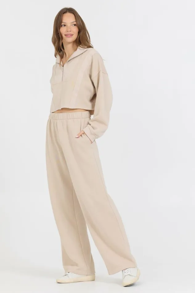 Women Vintage Havana Sweatshirts Vanilla Cream Cotton Blend Fleece Quarter Zip Rib Neck Vanilla