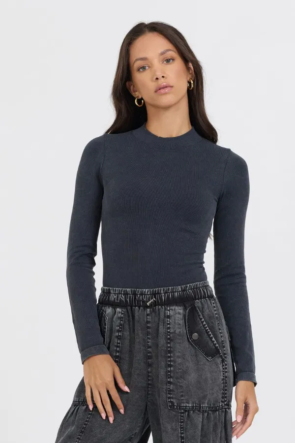 Women Vintage Havana Tees Washed Mountain Seamless Mock Neck Top Grey