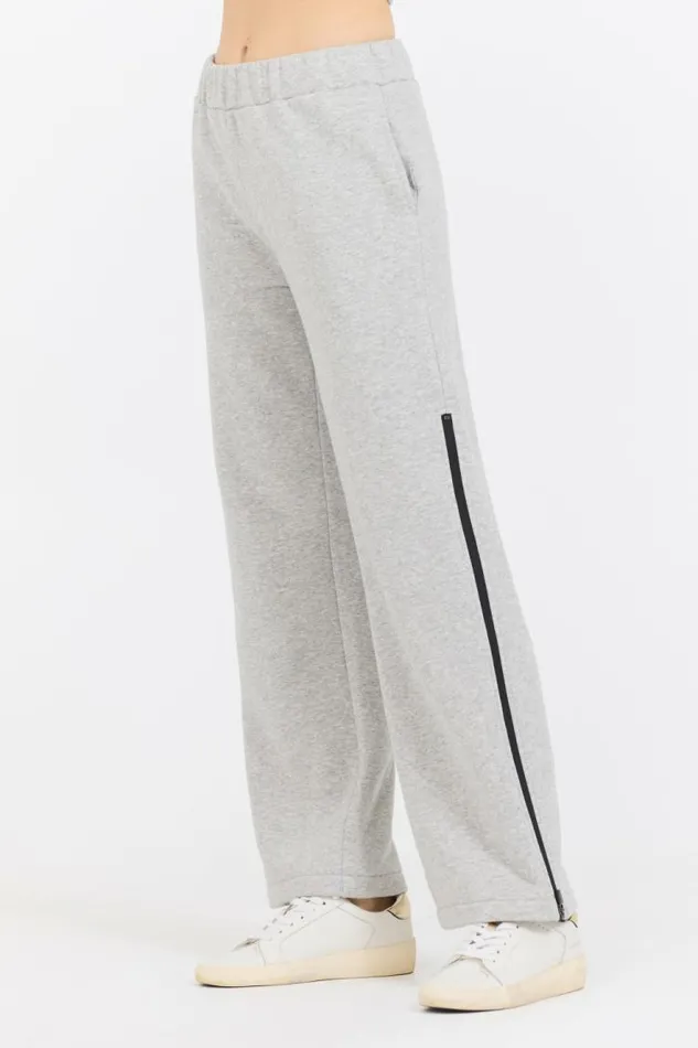 Women Vintage Havana Wide Leg Pants Pure Grey Contrast Black Zipper Flare Pant Grey