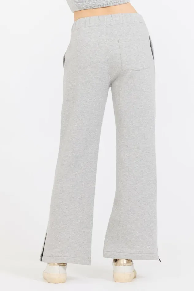 Women Vintage Havana Wide Leg Pants Pure Grey Contrast Black Zipper Flare Pant Grey