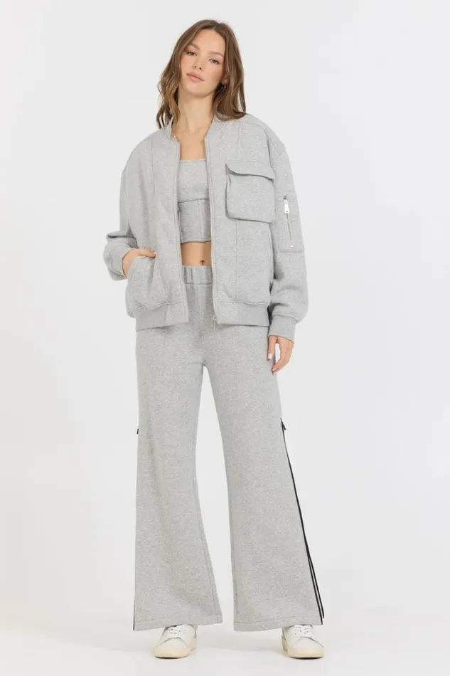Women Vintage Havana Wide Leg Pants Pure Grey Contrast Black Zipper Flare Pant Grey