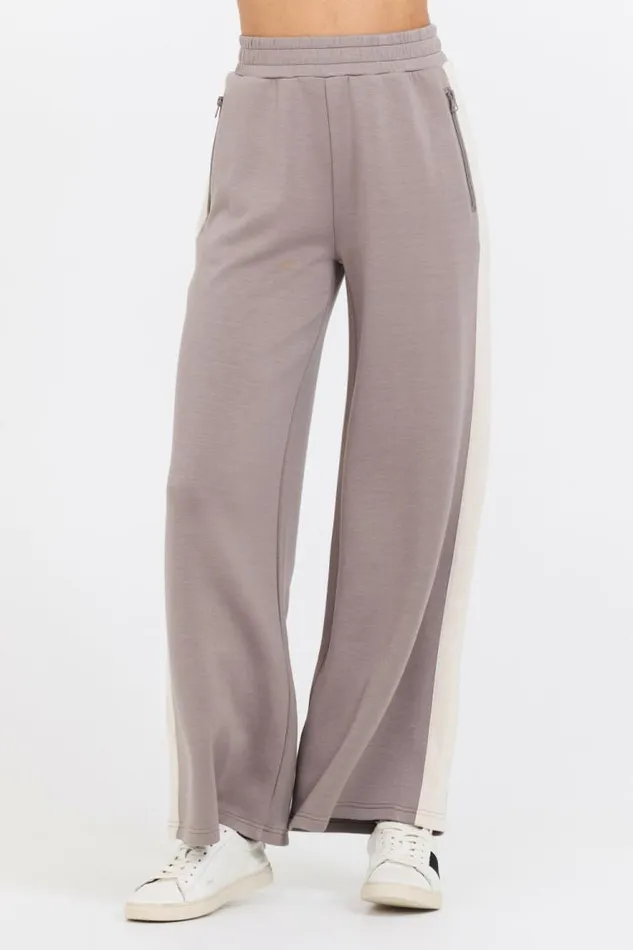 Women Vintage Havana Wide Leg Pants Taupe South Beach Sand Colorblock Cloud Fleece Pant Taupe