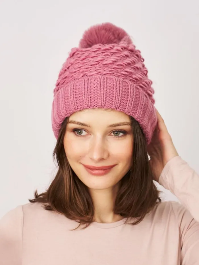 Women Vintage Havana Winter Hats TURN UP POMPOM HAT 8211 BLUSH Blush