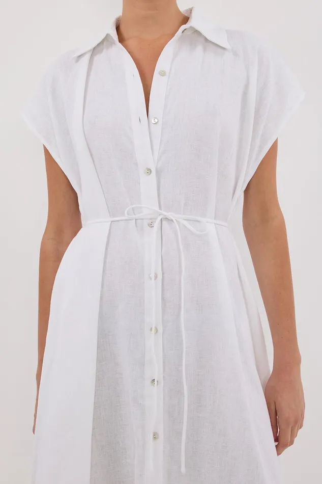 Women White Dresses DISSH LANA WHITE LINEN MIDI SHIRT DRESS