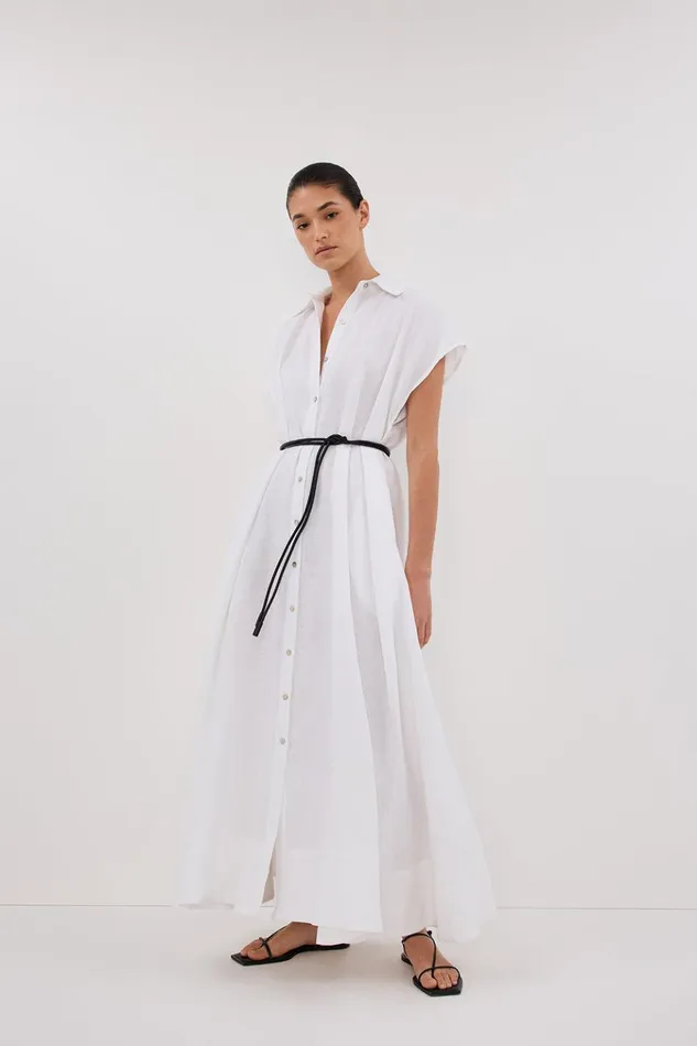Women White Dresses DISSH LANA WHITE LINEN MIDI SHIRT DRESS