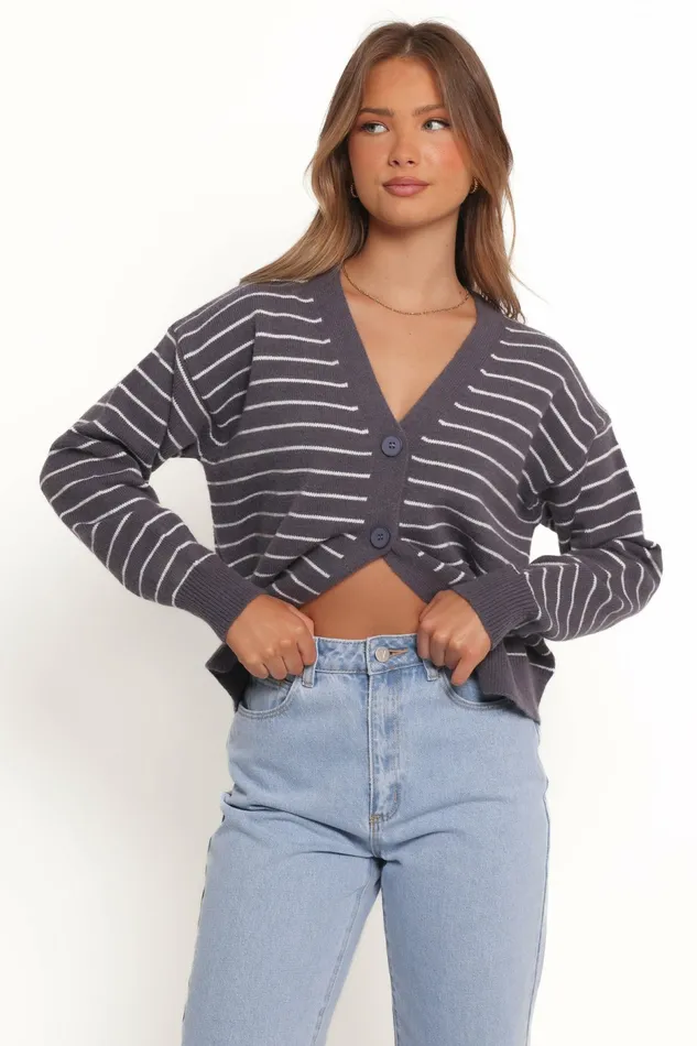 Women Zammy Lurex Strip Button Front Cardigan Grey Sweaters Petal and Pup