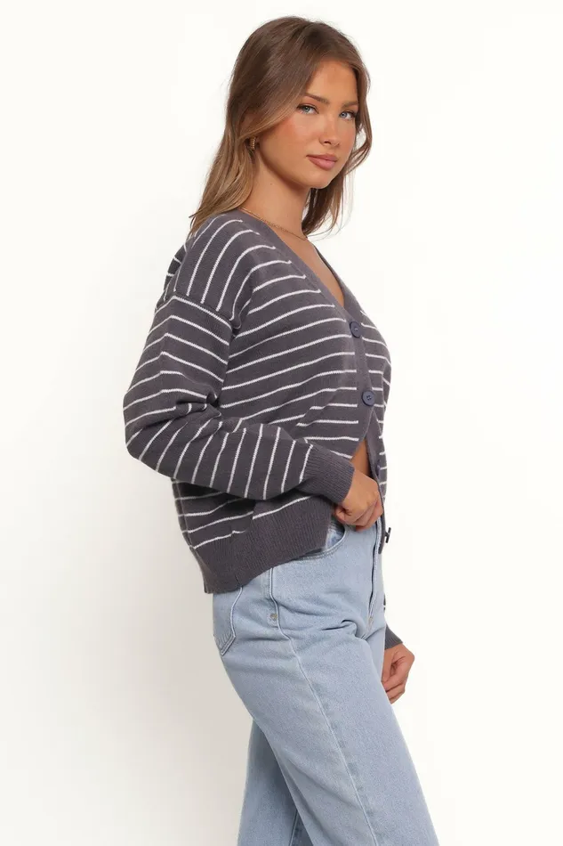 Women Zammy Lurex Strip Button Front Cardigan Grey Sweaters Petal and Pup