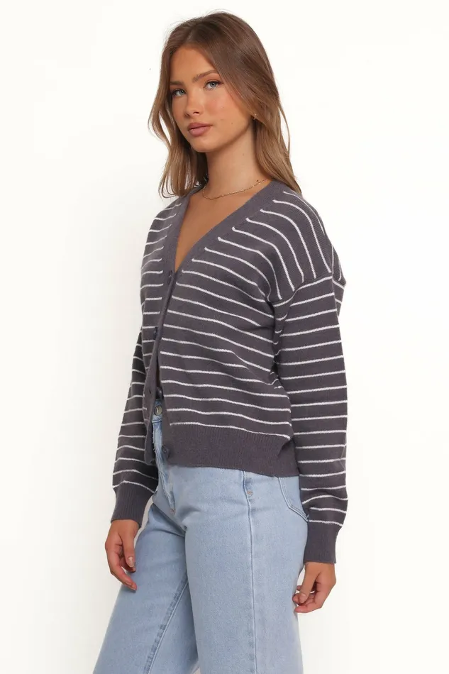 Women Zammy Lurex Strip Button Front Cardigan Grey Sweaters Petal and Pup