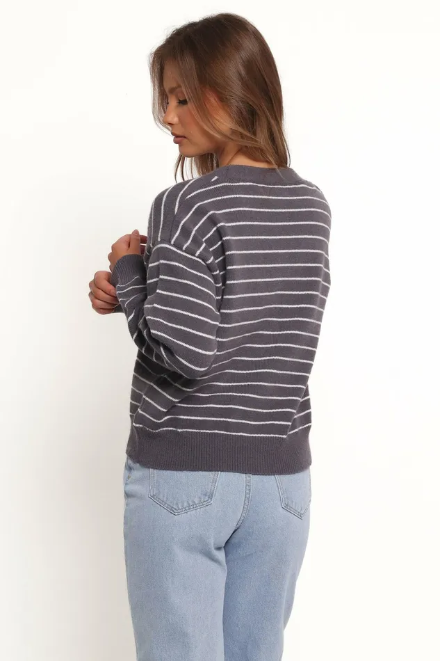 Women Zammy Lurex Strip Button Front Cardigan Grey Sweaters Petal and Pup