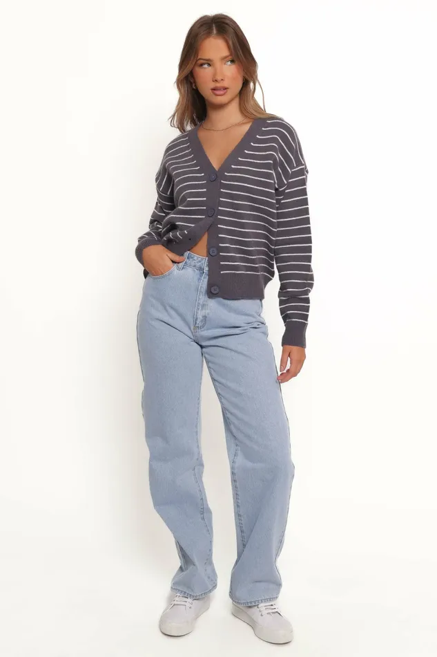 Women Zammy Lurex Strip Button Front Cardigan Grey Sweaters Petal and Pup