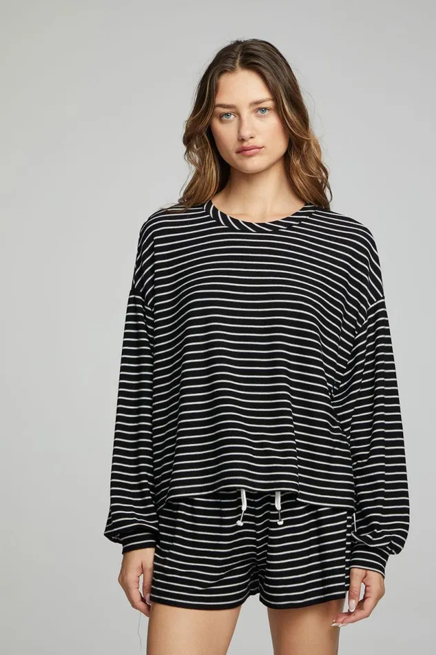 Womens Chaser Brand Loungewear Lesh Long Sleeve 8211 Black And White Stripe