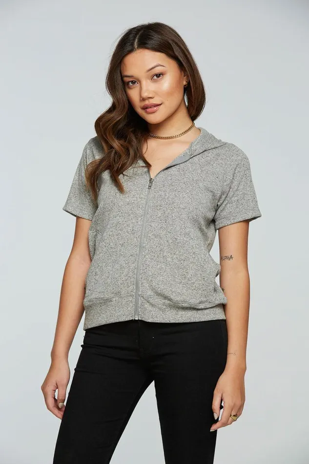Womens Chaser Brand Outerwear Linen Rib Short Sleeve Zip Up Hoodie