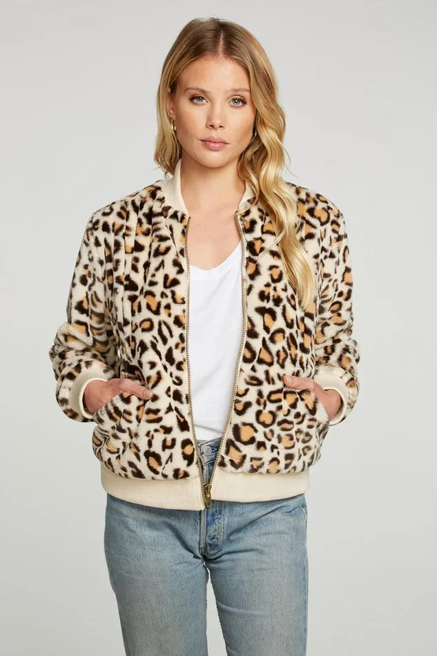 Womens Chaser Brand Tops Animal Faux Fur Long Sleeve Bomber Jacket