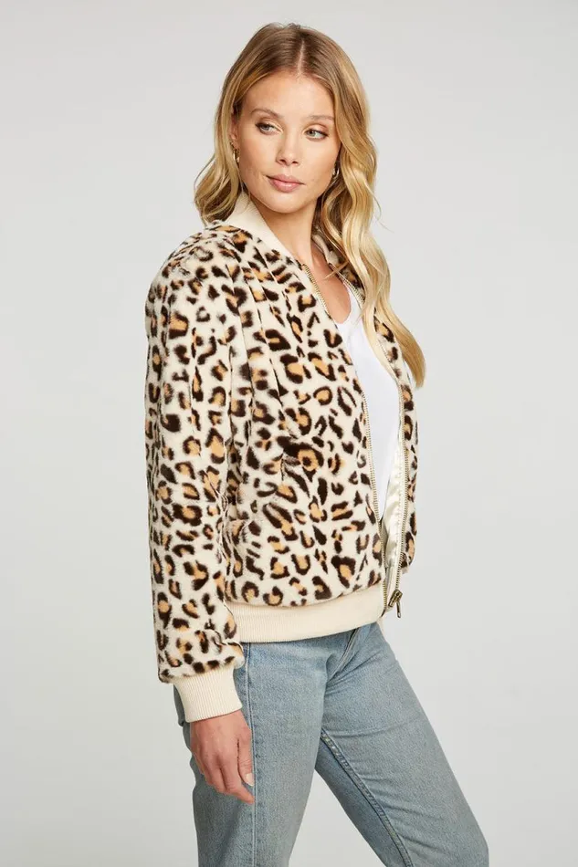 Womens Chaser Brand Tops Animal Faux Fur Long Sleeve Bomber Jacket