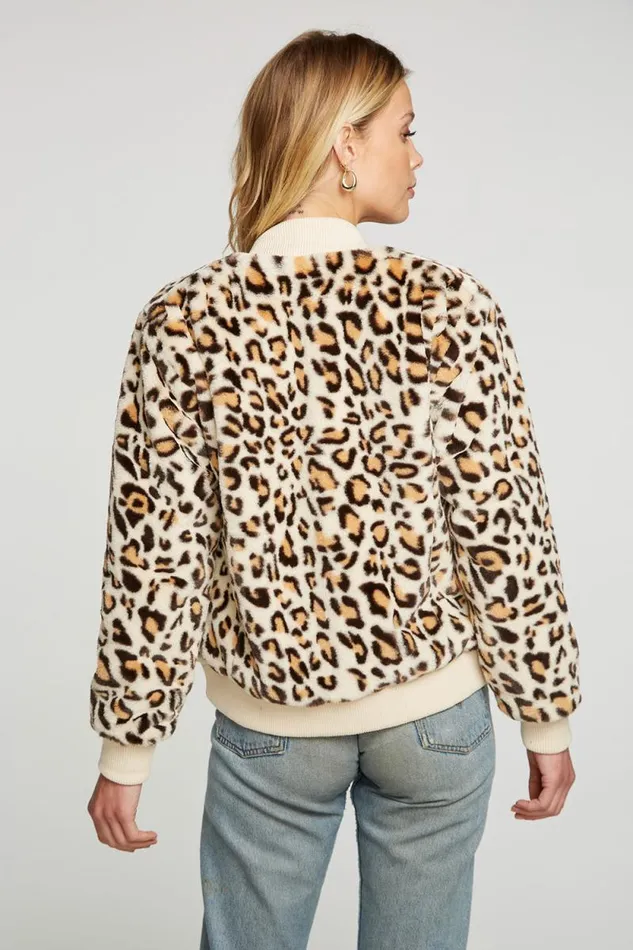 Womens Chaser Brand Tops Animal Faux Fur Long Sleeve Bomber Jacket