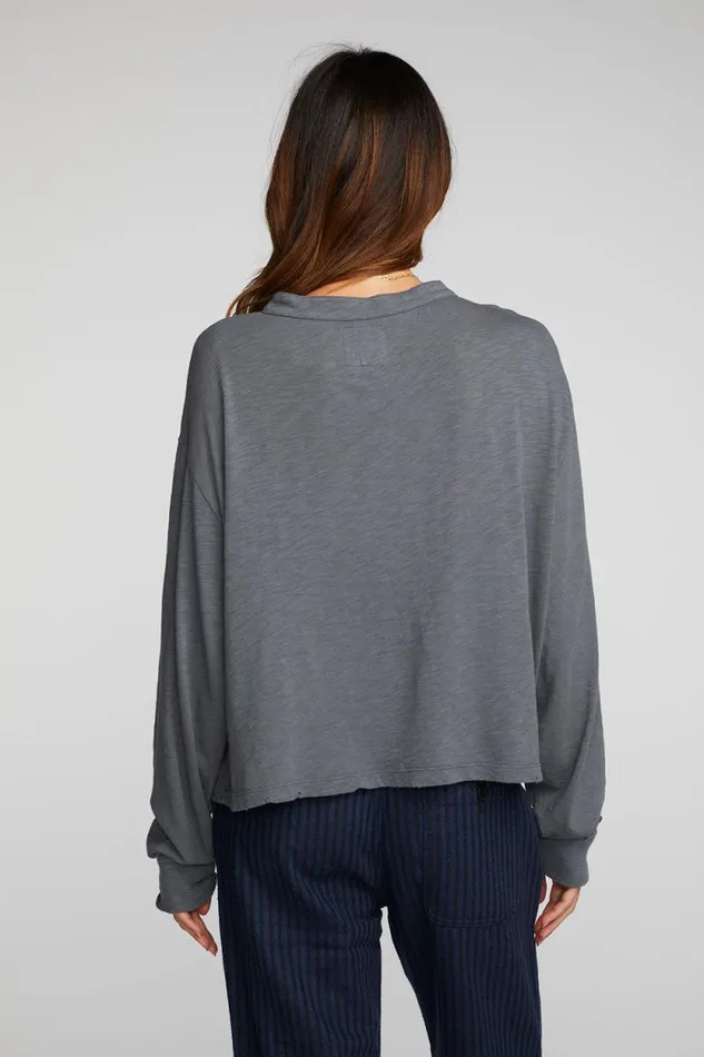 Womens Chaser Brand Tops Gauze Jersey Long Sleeve Henley With Deconstructed Bottom Hem