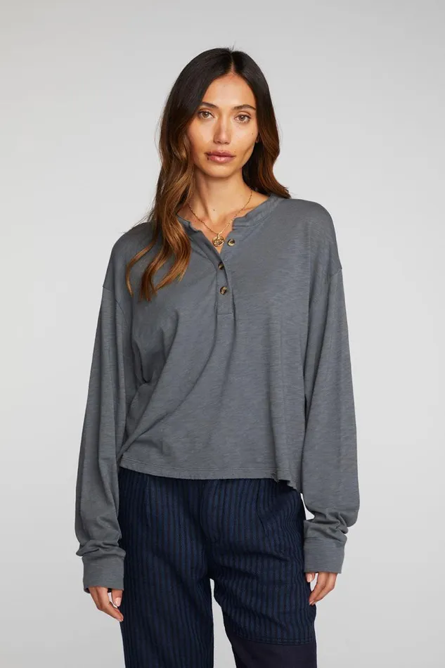 Womens Chaser Brand Tops Gauze Jersey Long Sleeve Henley With Deconstructed Bottom Hem