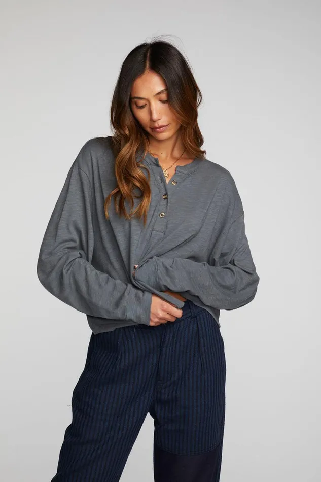Womens Chaser Brand Tops Gauze Jersey Long Sleeve Henley With Deconstructed Bottom Hem
