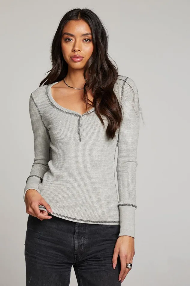 Womens Chaser Brand Tops Heather Grey Long Sleeve Henley