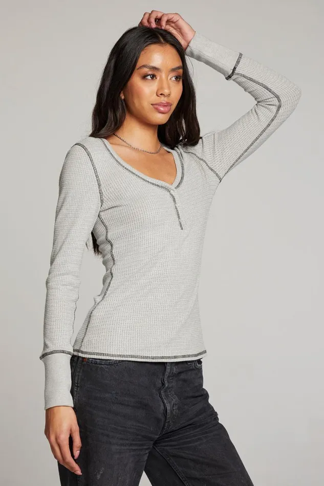Womens Chaser Brand Tops Heather Grey Long Sleeve Henley