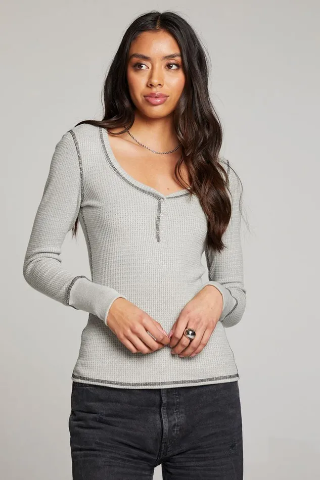 Womens Chaser Brand Tops Heather Grey Long Sleeve Henley