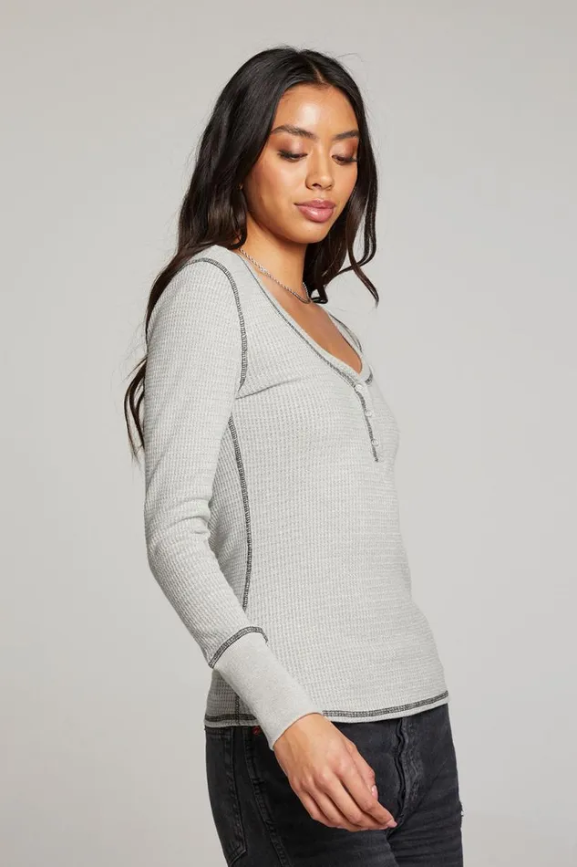 Womens Chaser Brand Tops Heather Grey Long Sleeve Henley