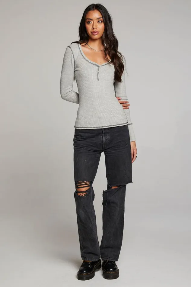 Womens Chaser Brand Tops Heather Grey Long Sleeve Henley