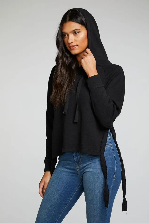 Womens Chaser Brand Tops Linen French Terry Long Sleeve Side Tie Batwing Pullover Hoodie